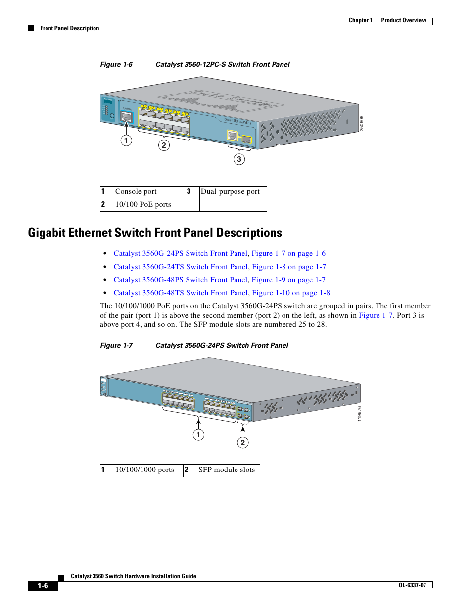 Gigabit ethernet switch front panel descriptions, Catalyst 3560-12pc-s switch front panel, Figure 1-6 | Series, Mode | Cisco 3560 User Manual | Page 16 / 120