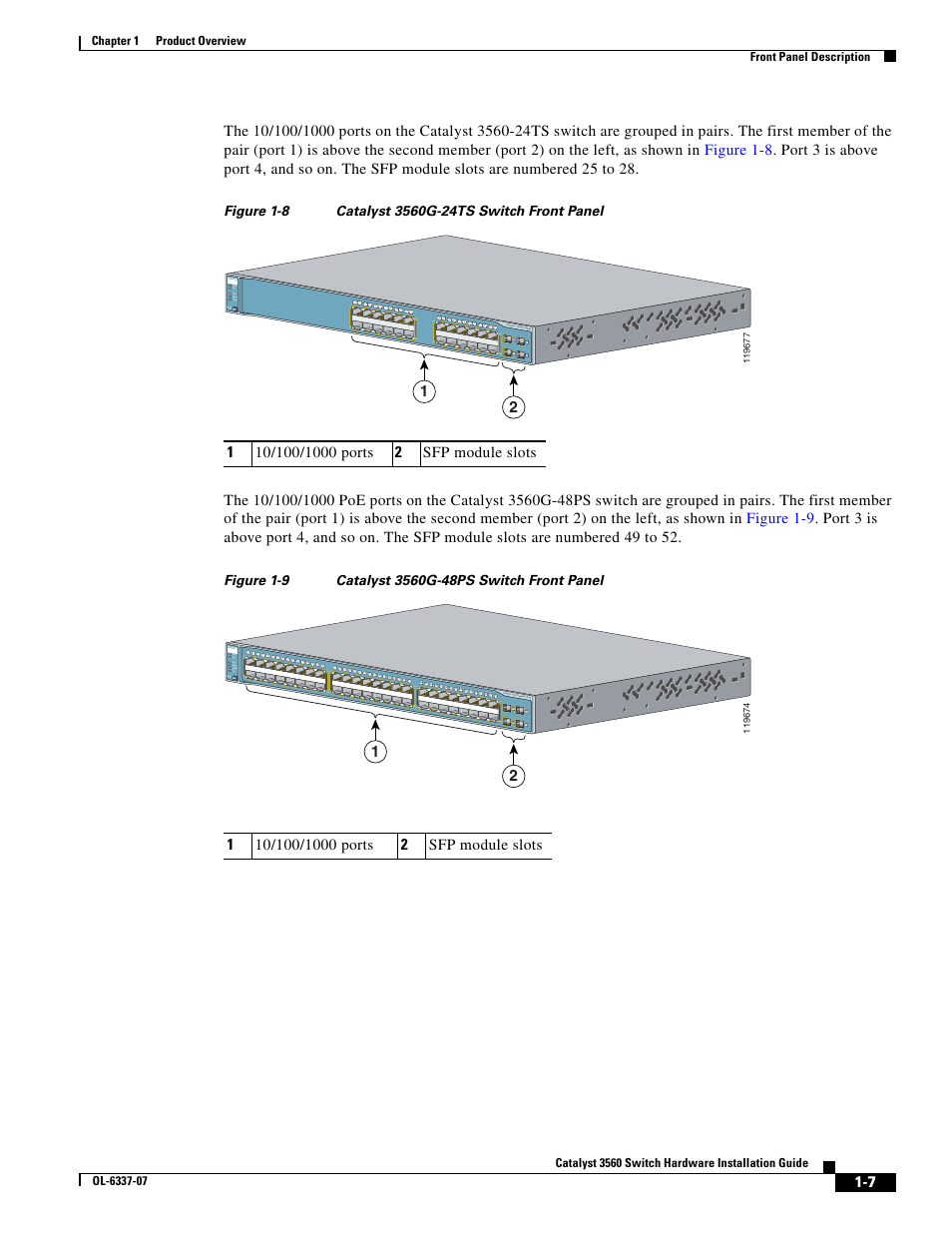 Catalyst 3560g-24ts switch front panel, Catalyst 3560g-48ps switch front panel, Series mode | Series, Syst rps stat duplx speed poe mode | Cisco 3560 User Manual | Page 17 / 120