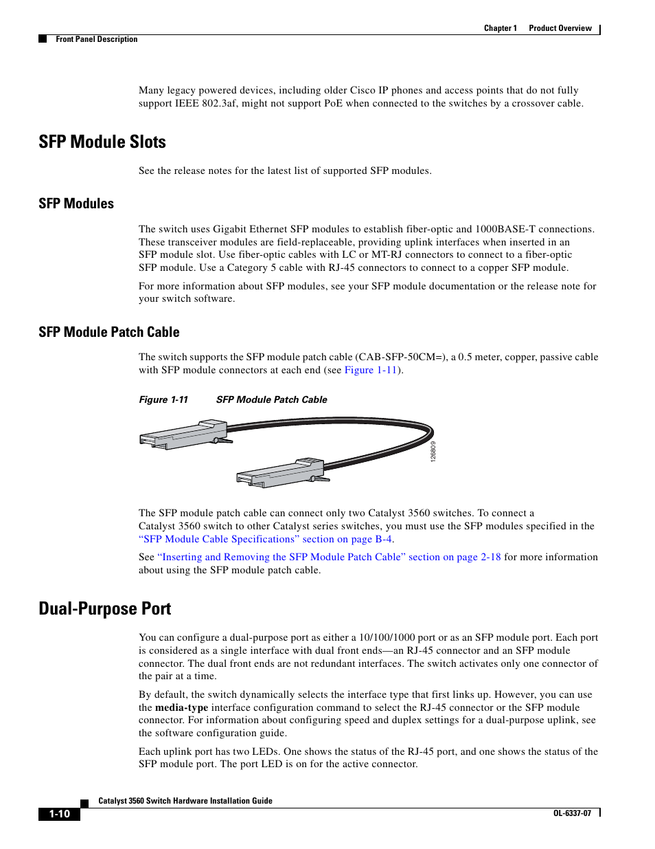 Sfp module slots, Sfp modules, Sfp module patch cable | Dual-purpose port | Cisco 3560 User Manual | Page 20 / 120