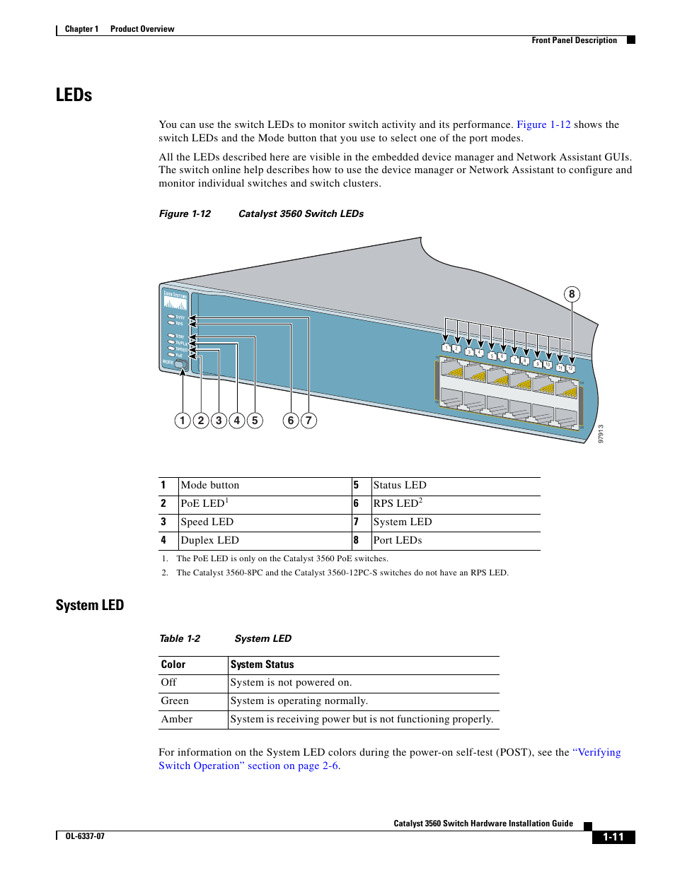 Leds, System led | Cisco 3560 User Manual | Page 21 / 120