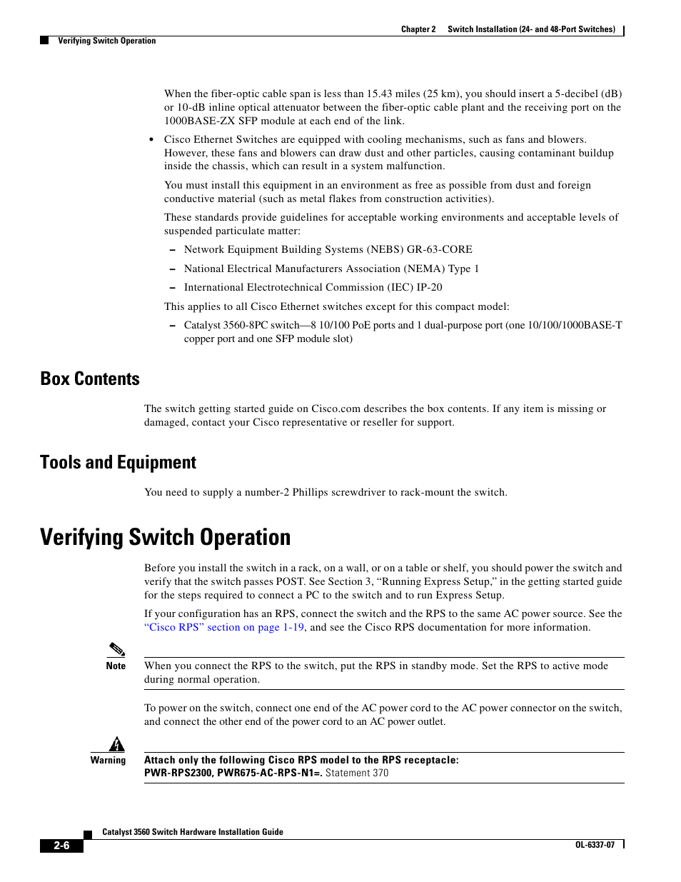 Box contents, Tools and equipment, Verifying switch operation | Verifying | Cisco 3560 User Manual | Page 38 / 120