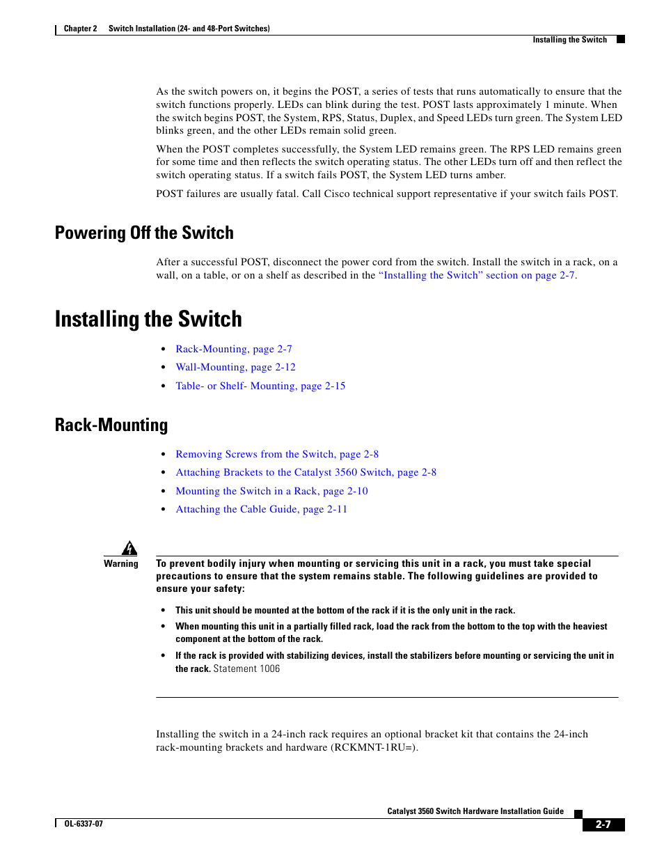 Powering off the switch, Installing the switch, Rack-mounting | Cisco 3560 User Manual | Page 39 / 120