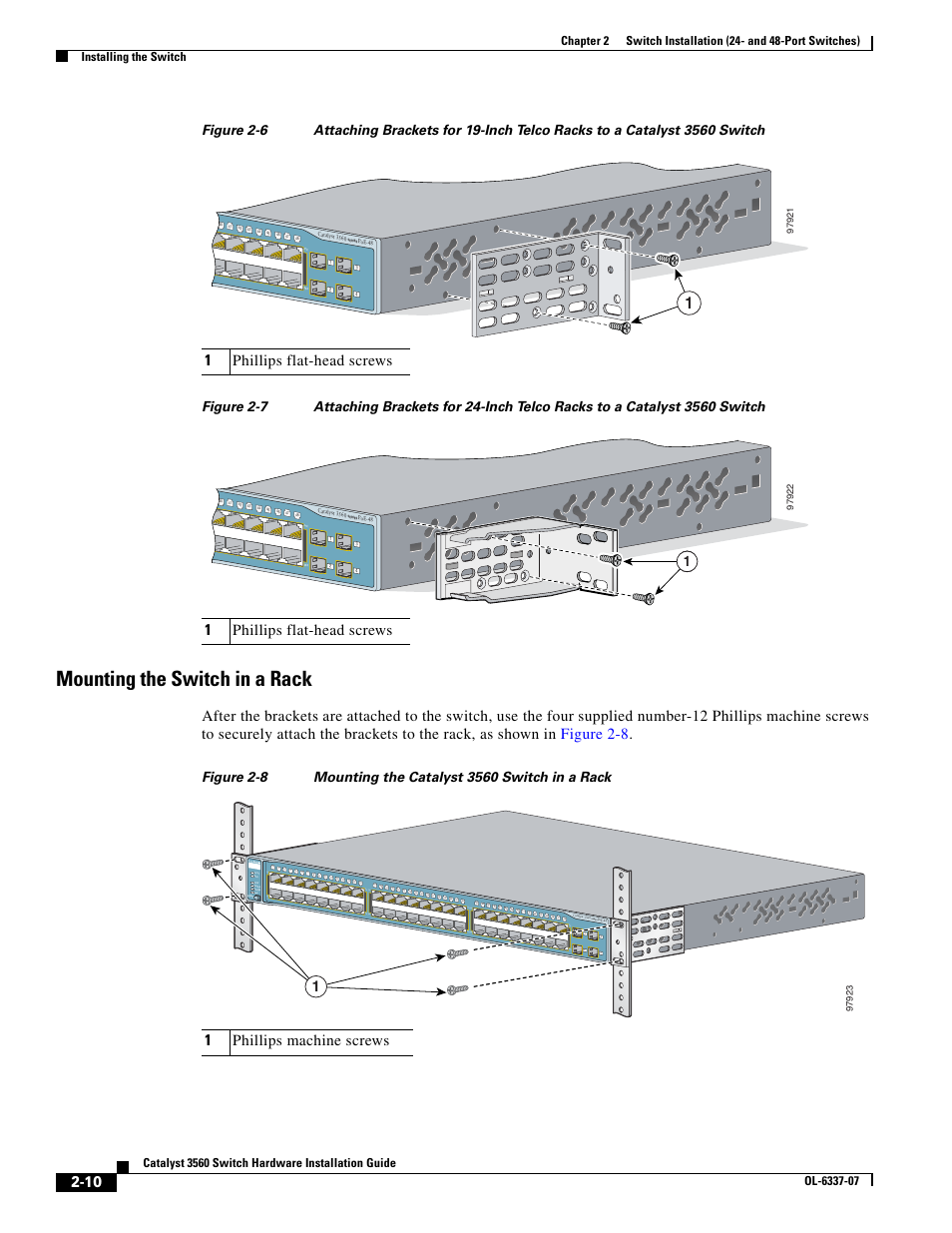 Mounting the switch in a rack, Figure 2-7, 1phillips flat-head screws | 1phillips machine screws | Cisco 3560 User Manual | Page 42 / 120