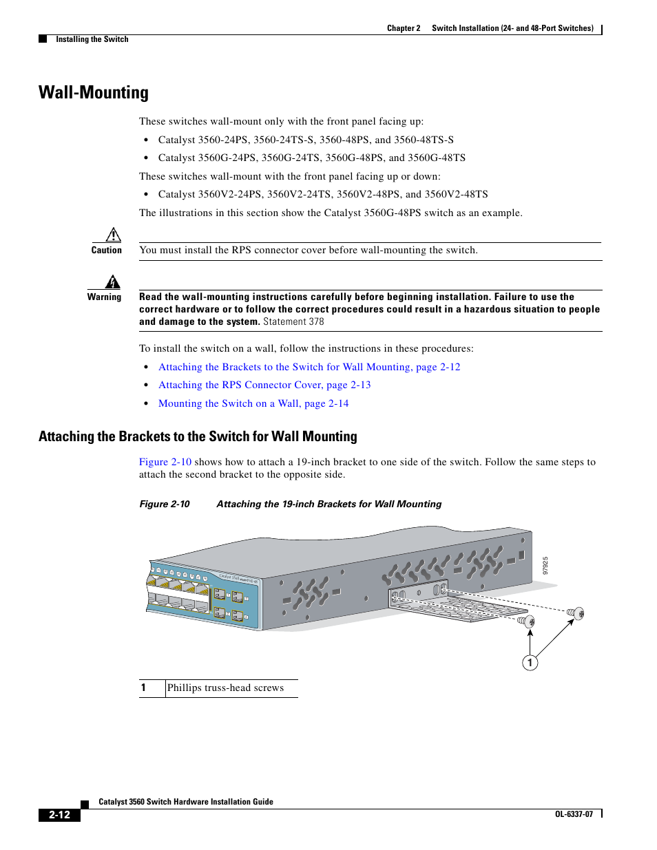 Wall-mounting, Attaching the rps connector cover, page 2-13, Mounting the switch on a wall, page 2-14 | 1phillips truss-head screws | Cisco 3560 User Manual | Page 44 / 120