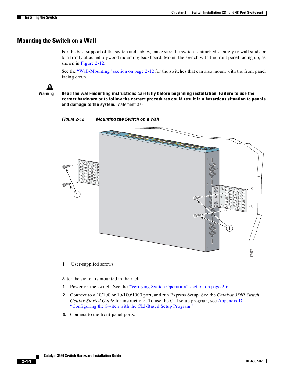 Mounting the switch on a wall | Cisco 3560 User Manual | Page 46 / 120