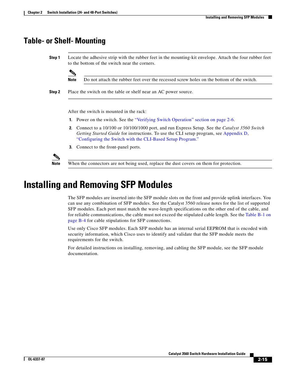 Table- or shelf- mounting, Installing and removing sfp modules | Cisco 3560 User Manual | Page 47 / 120