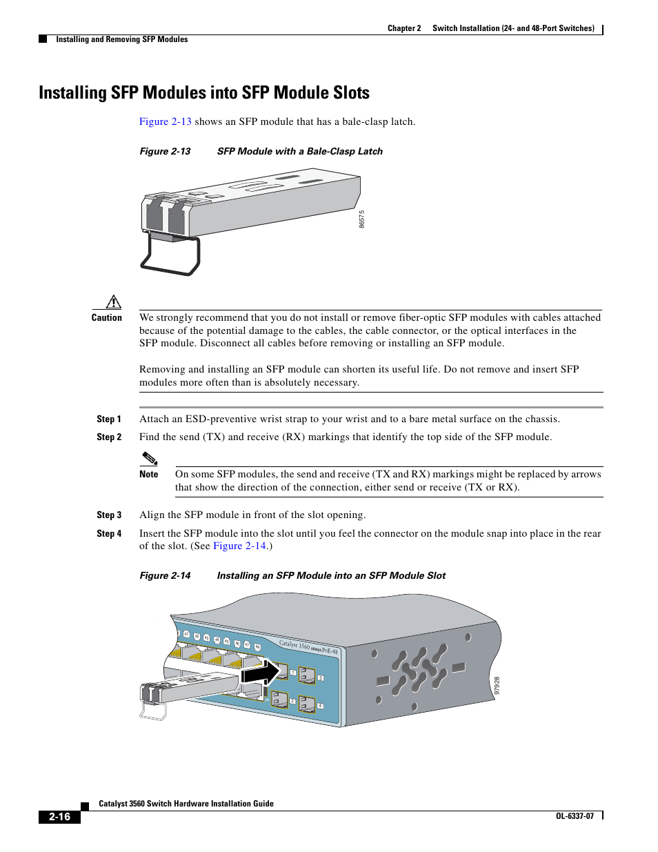 Installing sfp modules into sfp module slots, Align the sfp module in front of the slot opening | Cisco 3560 User Manual | Page 48 / 120