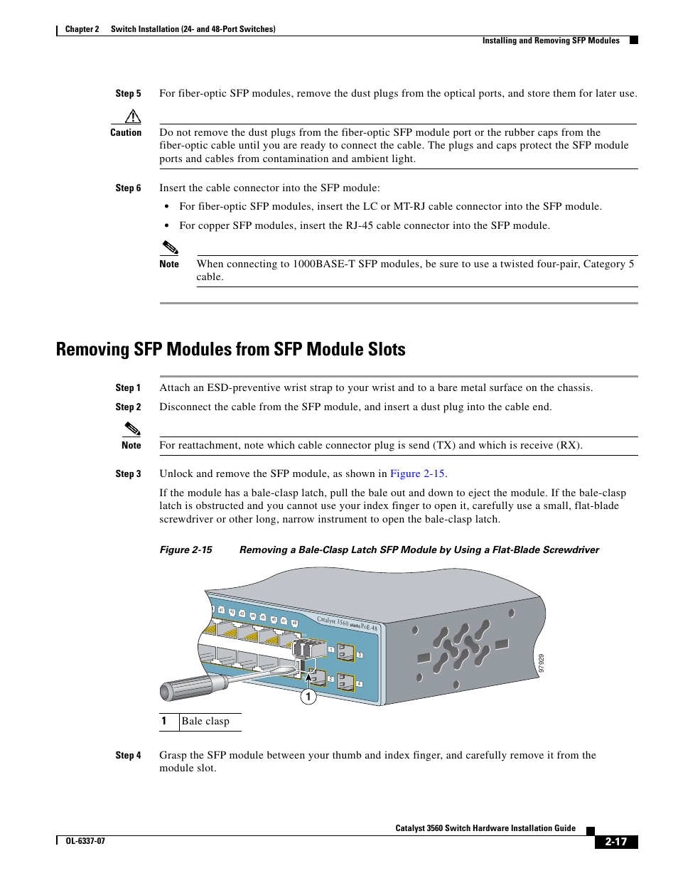Removing sfp modules from sfp module slots | Cisco 3560 User Manual | Page 49 / 120