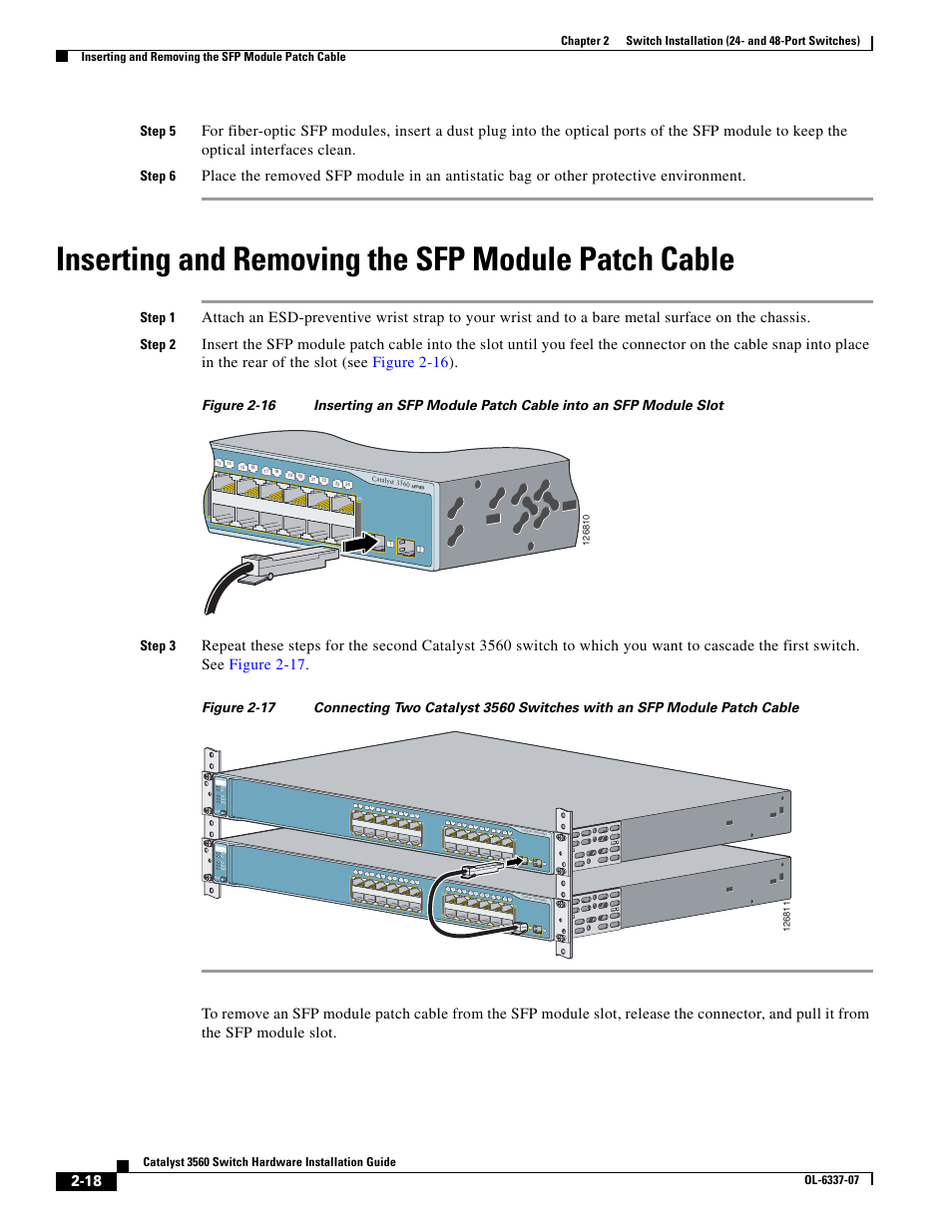 Inserting and removing the sfp module patch cable, Step 5, Step 6 | Step 1, Step 2, Step 3, Series | Cisco 3560 User Manual | Page 50 / 120