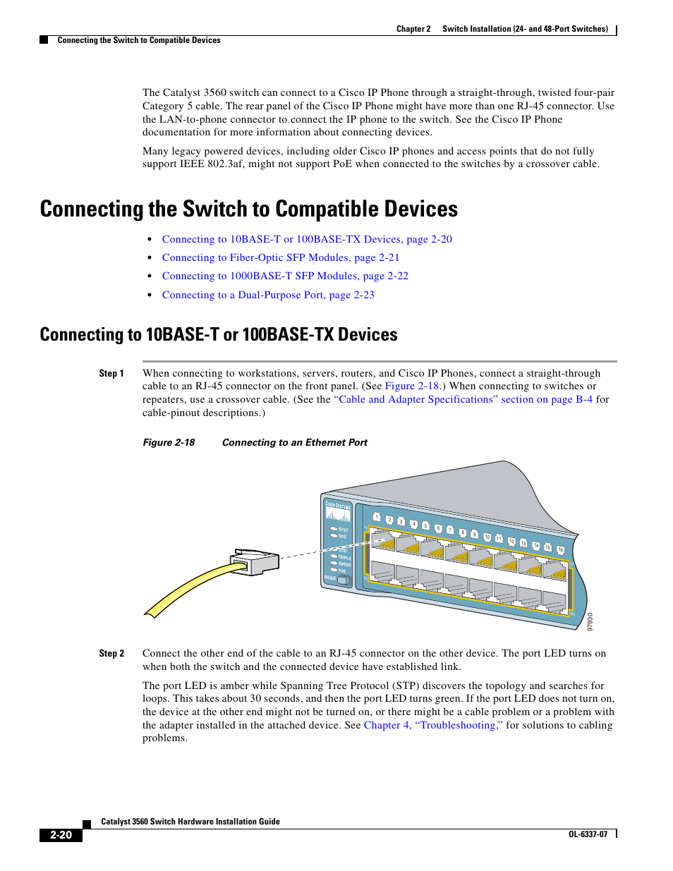 Connecting the switch to compatible devices, Connecting to 10base-t or 100base-tx devices, Connecting to fiber-optic sfp modules, page 2-21 | Connecting to a dual-purpose port, page 2-23 | Cisco 3560 User Manual | Page 52 / 120