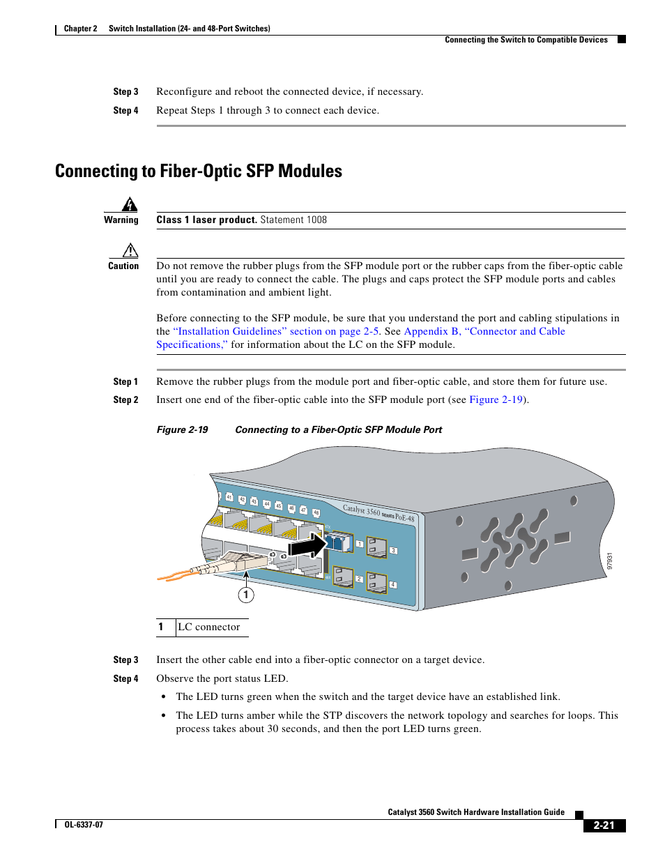 Connecting to fiber-optic sfp modules | Cisco 3560 User Manual | Page 53 / 120