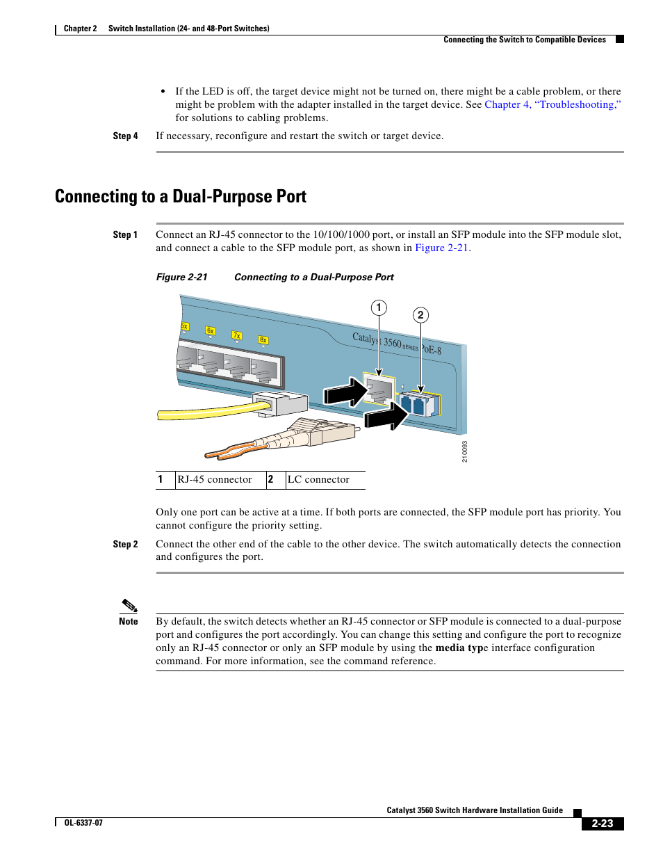 Connecting to a dual-purpose port | Cisco 3560 User Manual | Page 55 / 120