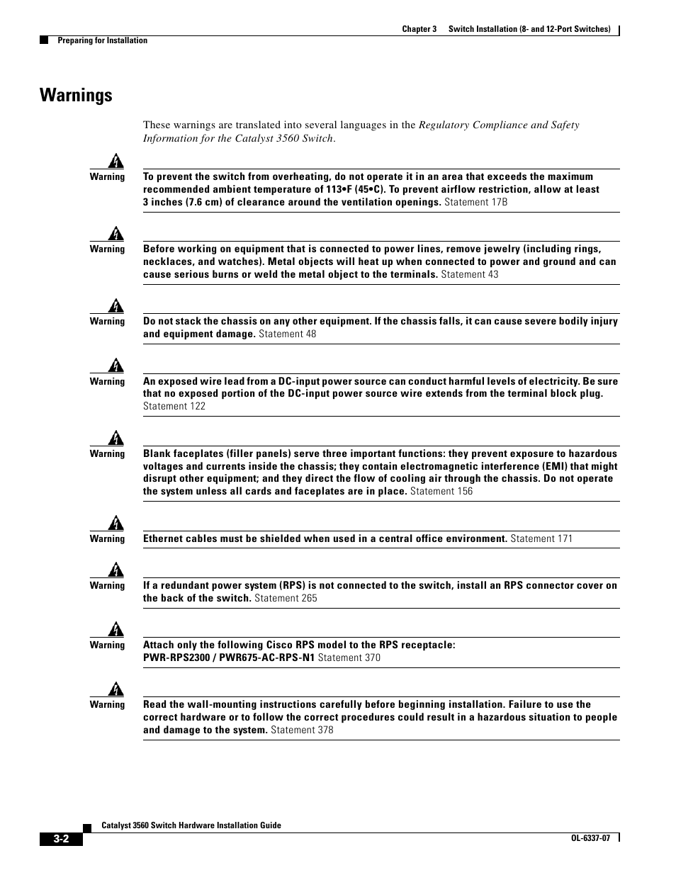 Warnings | Cisco 3560 User Manual | Page 58 / 120