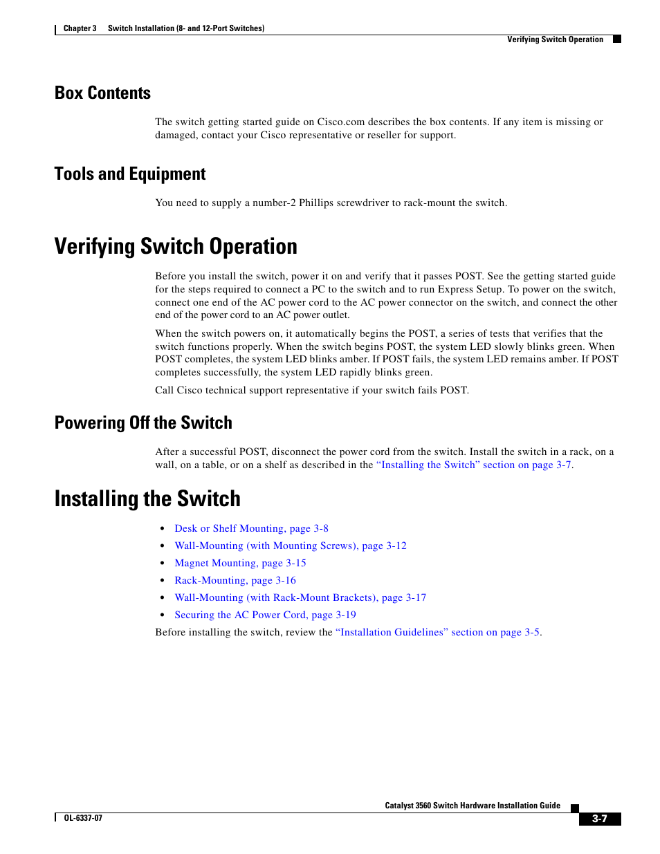 Box contents, Tools and equipment, Verifying switch operation | Powering off the switch, Installing the switch | Cisco 3560 User Manual | Page 63 / 120