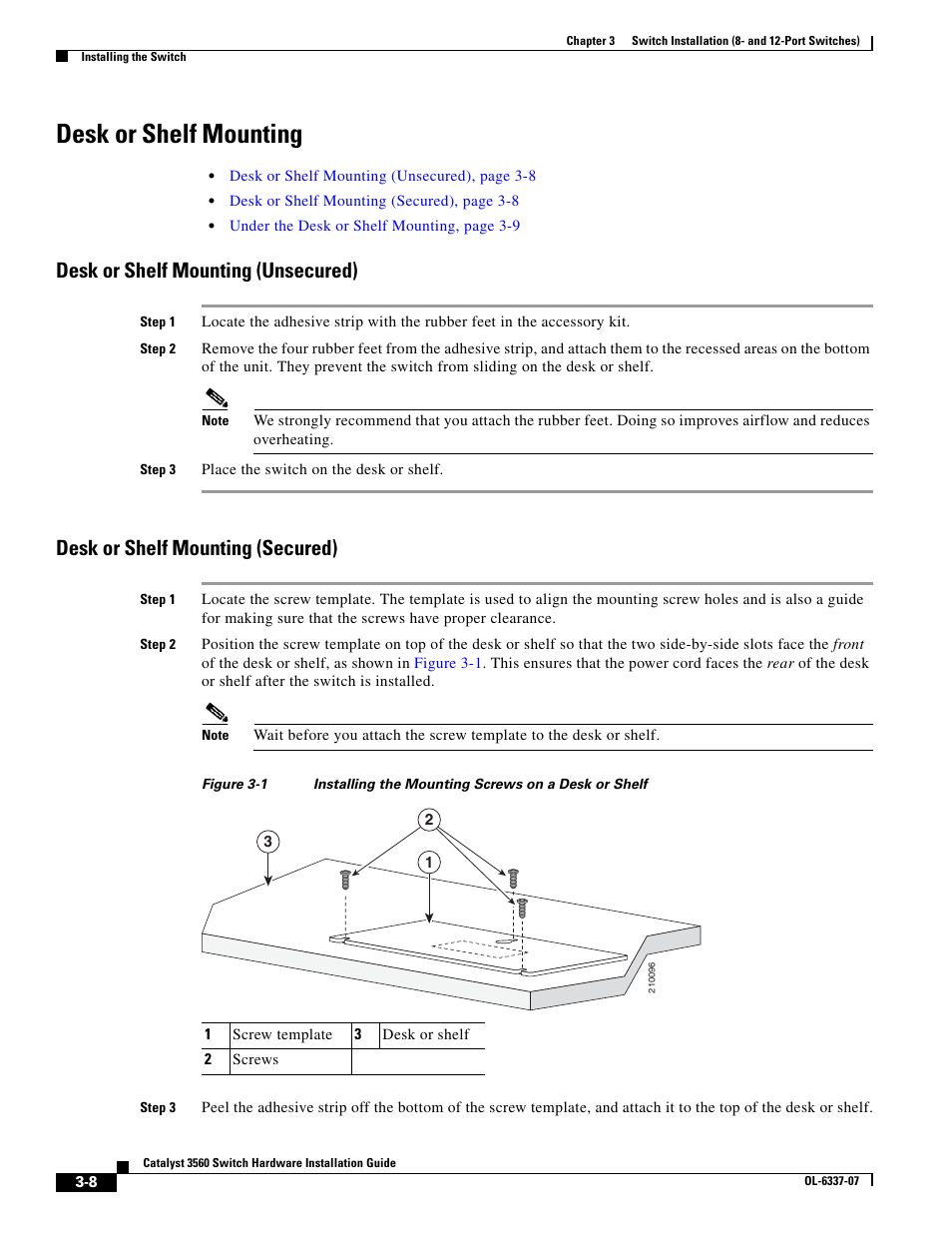 Desk or shelf mounting, Desk or shelf mounting (unsecured), Desk or shelf mounting (secured) | Cisco 3560 User Manual | Page 64 / 120