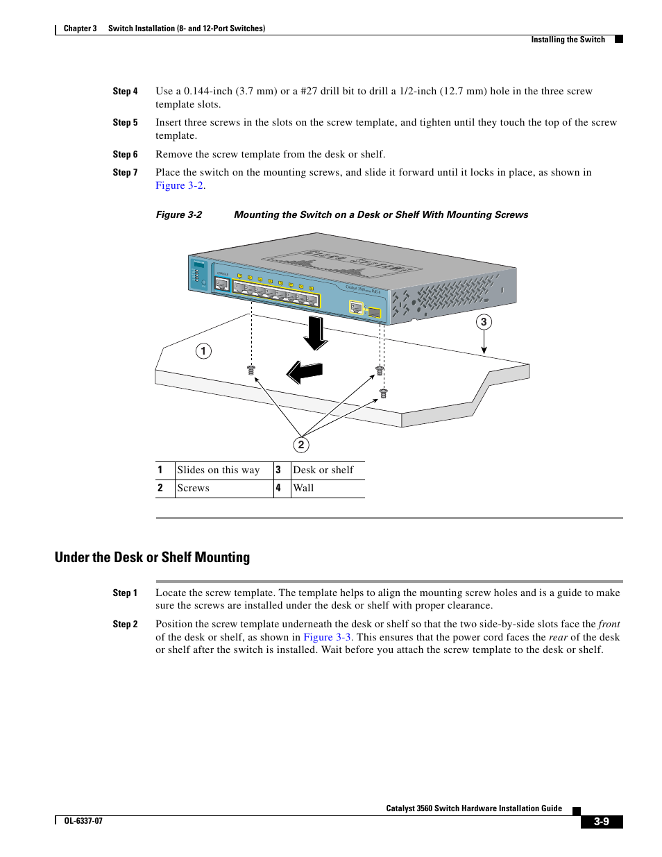 Under the desk or shelf mounting, Remove the screw template from the desk or shelf | Cisco 3560 User Manual | Page 65 / 120