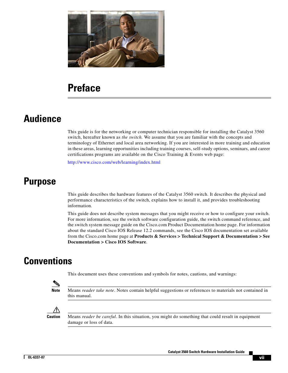 Preface, Audience, Purpose | Conventions | Cisco 3560 User Manual | Page 7 / 120