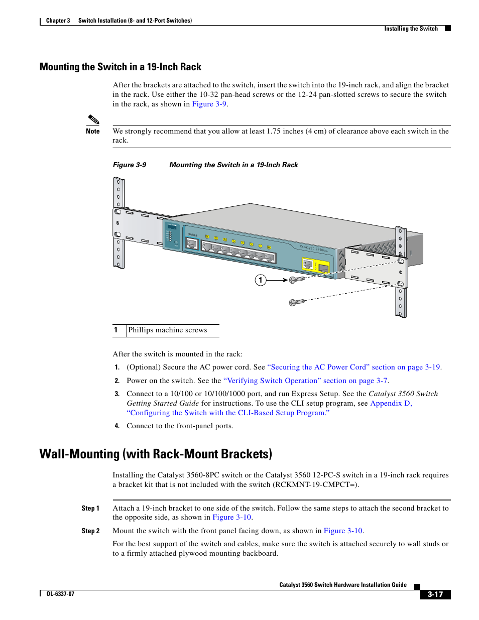 Mounting the switch in a 19-inch rack, Wall-mounting (with rack-mount brackets), After the switch is mounted in the rack | Connect to the front-panel ports | Cisco 3560 User Manual | Page 73 / 120