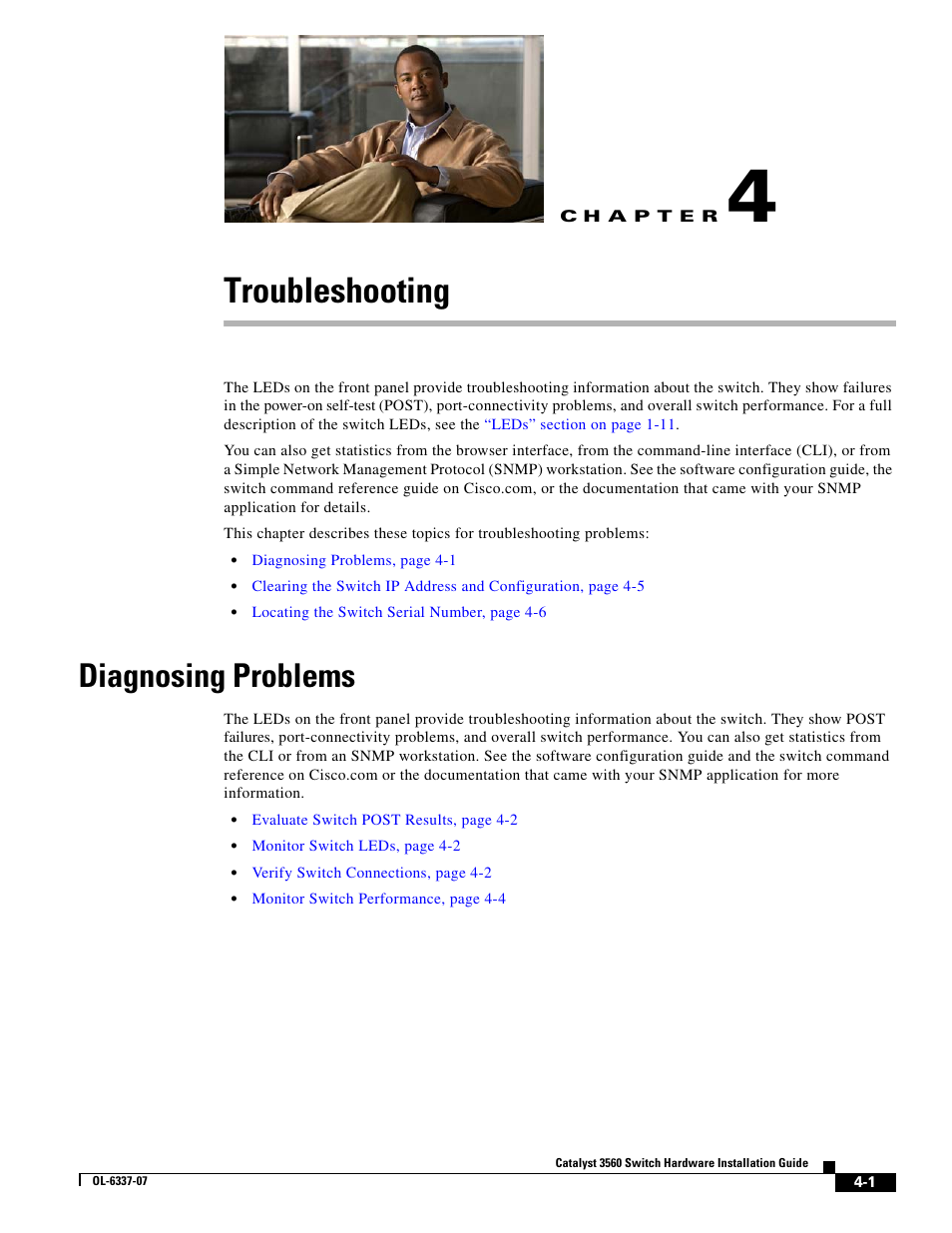 Troubleshooting, Diagnosing problems, C h a p t e r | Chapter 4, “troubleshooting | Cisco 3560 User Manual | Page 77 / 120