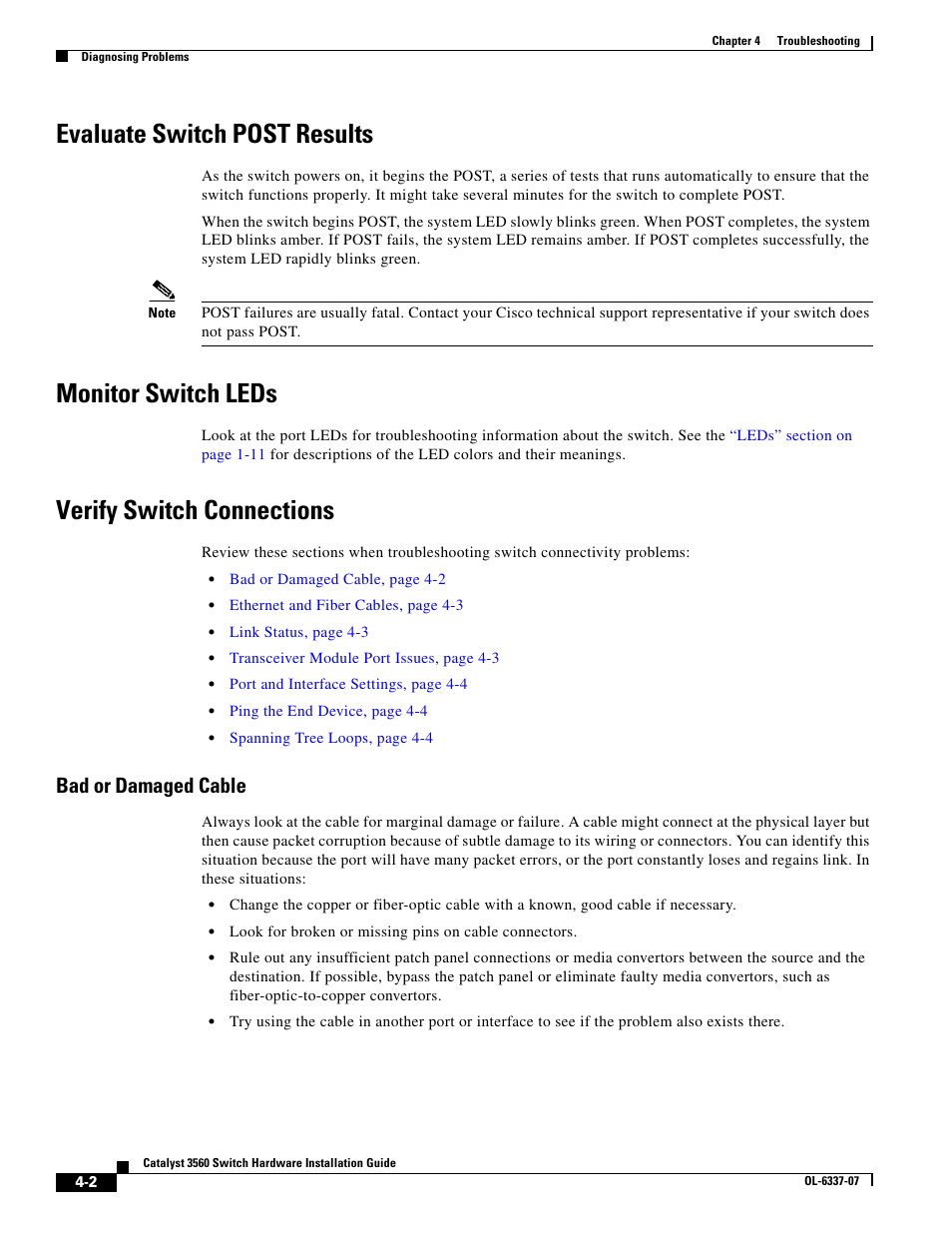Evaluate switch post results, Monitor switch leds, Verify switch connections | Bad or damaged cable | Cisco 3560 User Manual | Page 78 / 120
