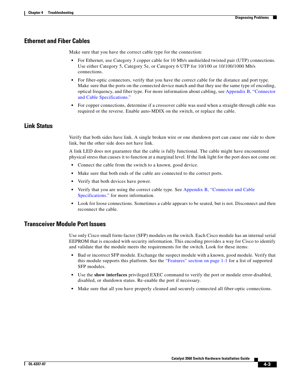Ethernet and fiber cables, Link status, Transceiver module port issues | Cisco 3560 User Manual | Page 79 / 120