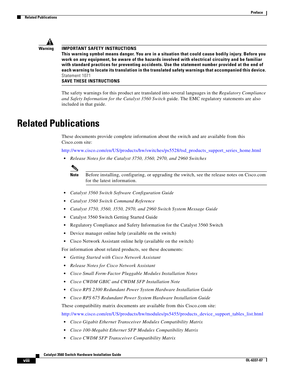 Related publications | Cisco 3560 User Manual | Page 8 / 120