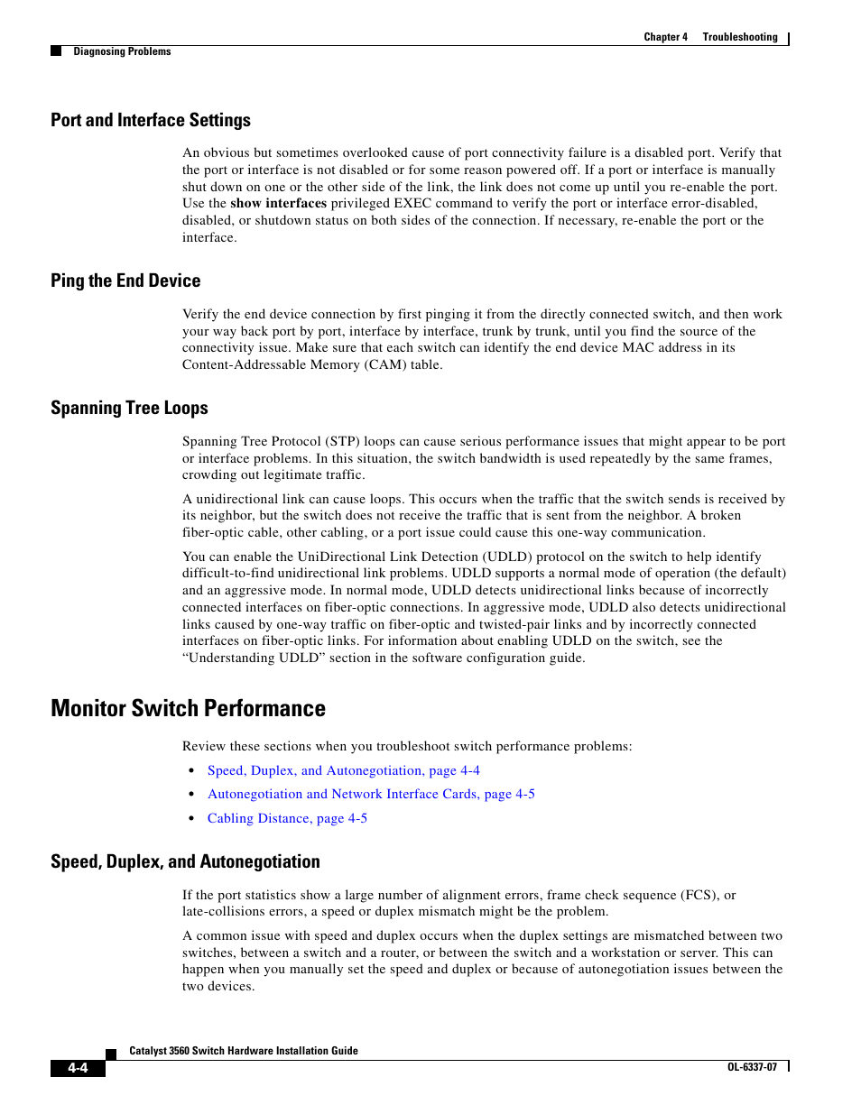 Port and interface settings, Ping the end device, Spanning tree loops | Monitor switch performance, Speed, duplex, and autonegotiation | Cisco 3560 User Manual | Page 80 / 120