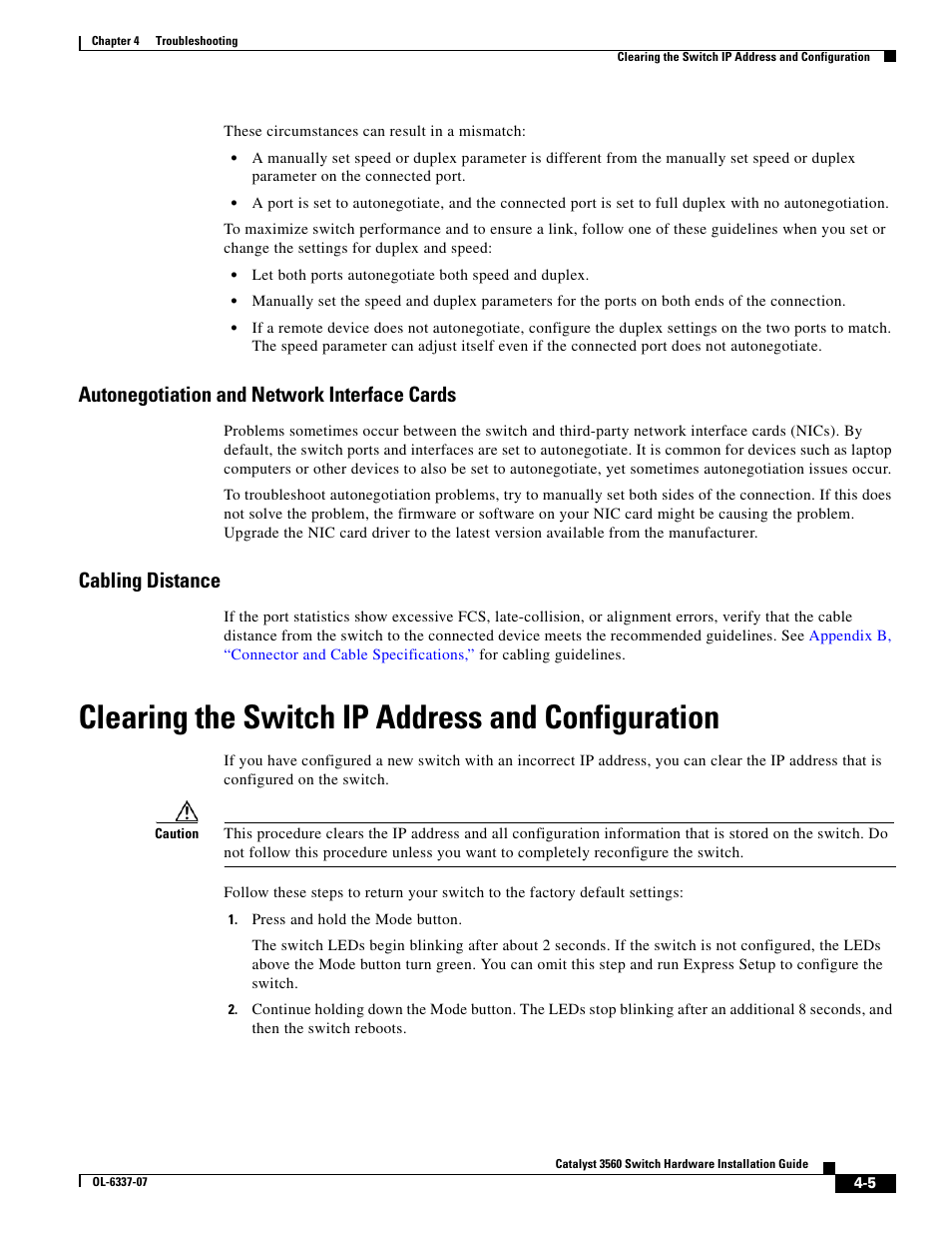 Autonegotiation and network interface cards, Cabling distance, Clearing the switch ip address and configuration | Cisco 3560 User Manual | Page 81 / 120