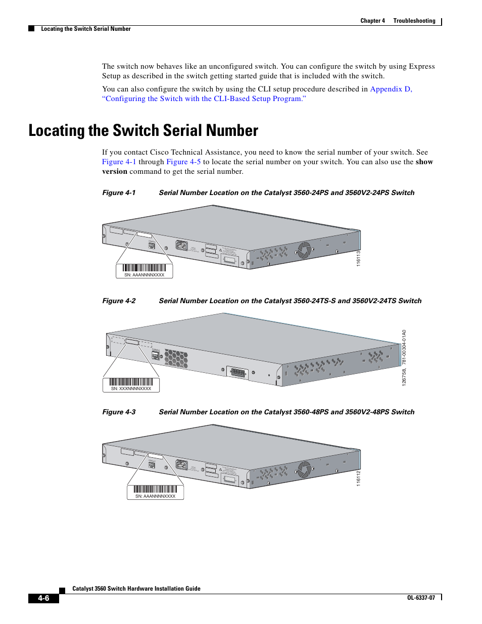 Locating the switch serial number | Cisco 3560 User Manual | Page 82 / 120