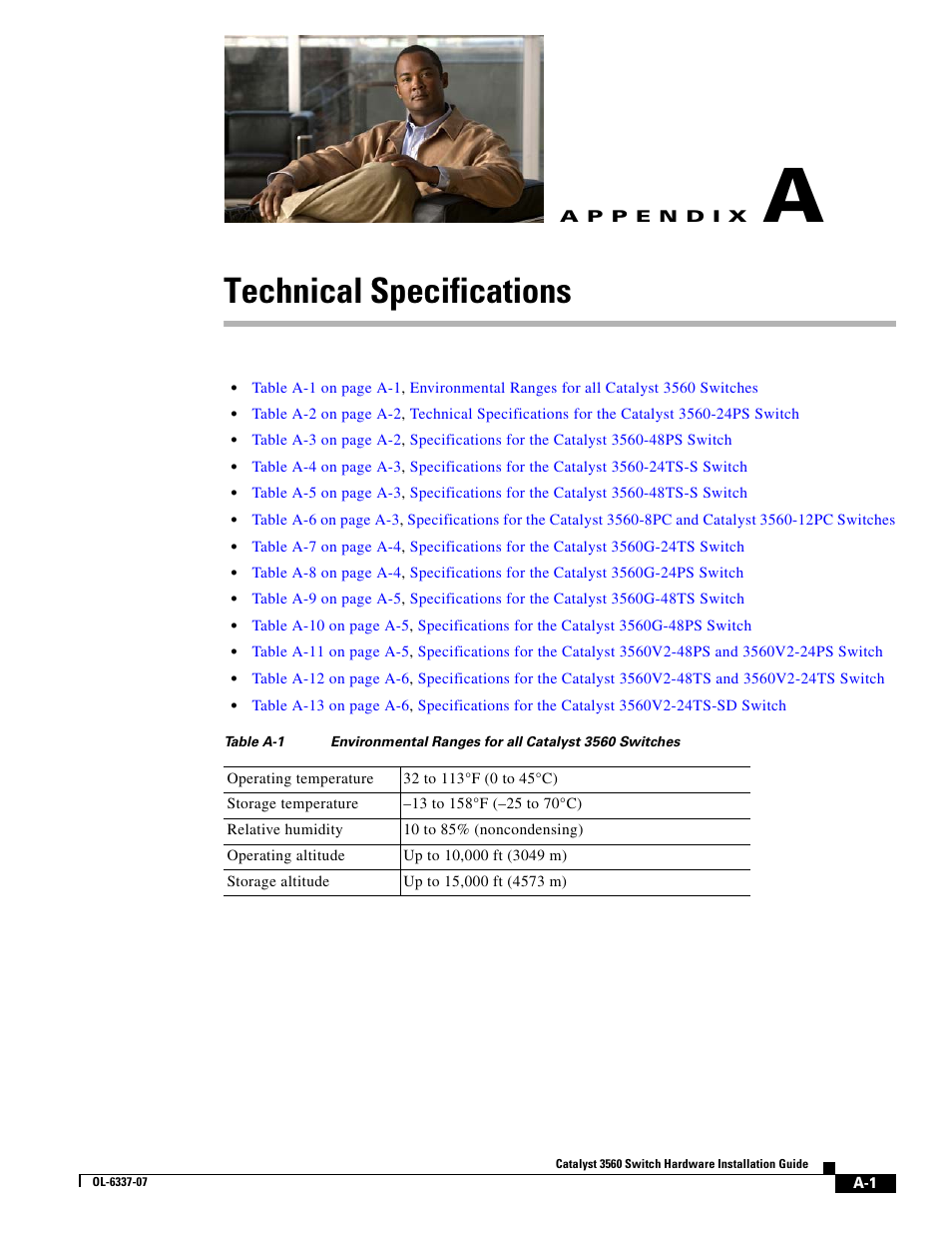Technical specifications, A p p e n d i x, Appendix a, “technical specifications | Cisco 3560 User Manual | Page 85 / 120