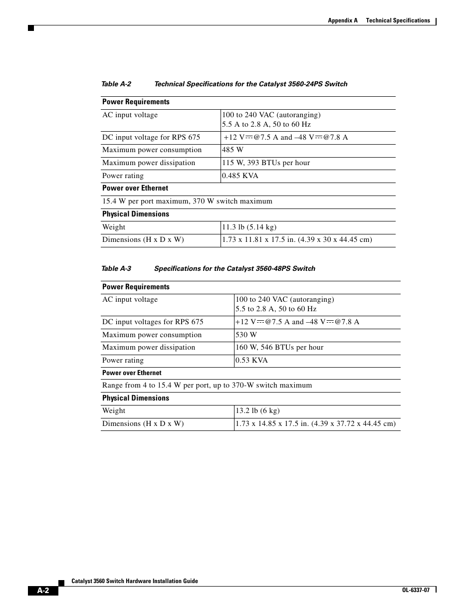 Specifications for the catalyst 3560-48ps switch | Cisco 3560 User Manual | Page 86 / 120