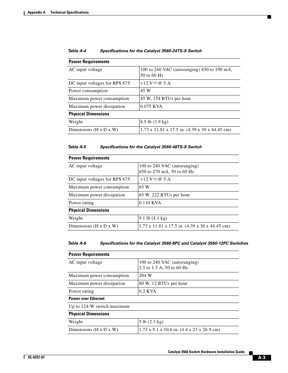 Specifications for the catalyst 3560-24ts-s switch, Specifications for the catalyst 3560-48ts-s switch | Cisco 3560 User Manual | Page 87 / 120