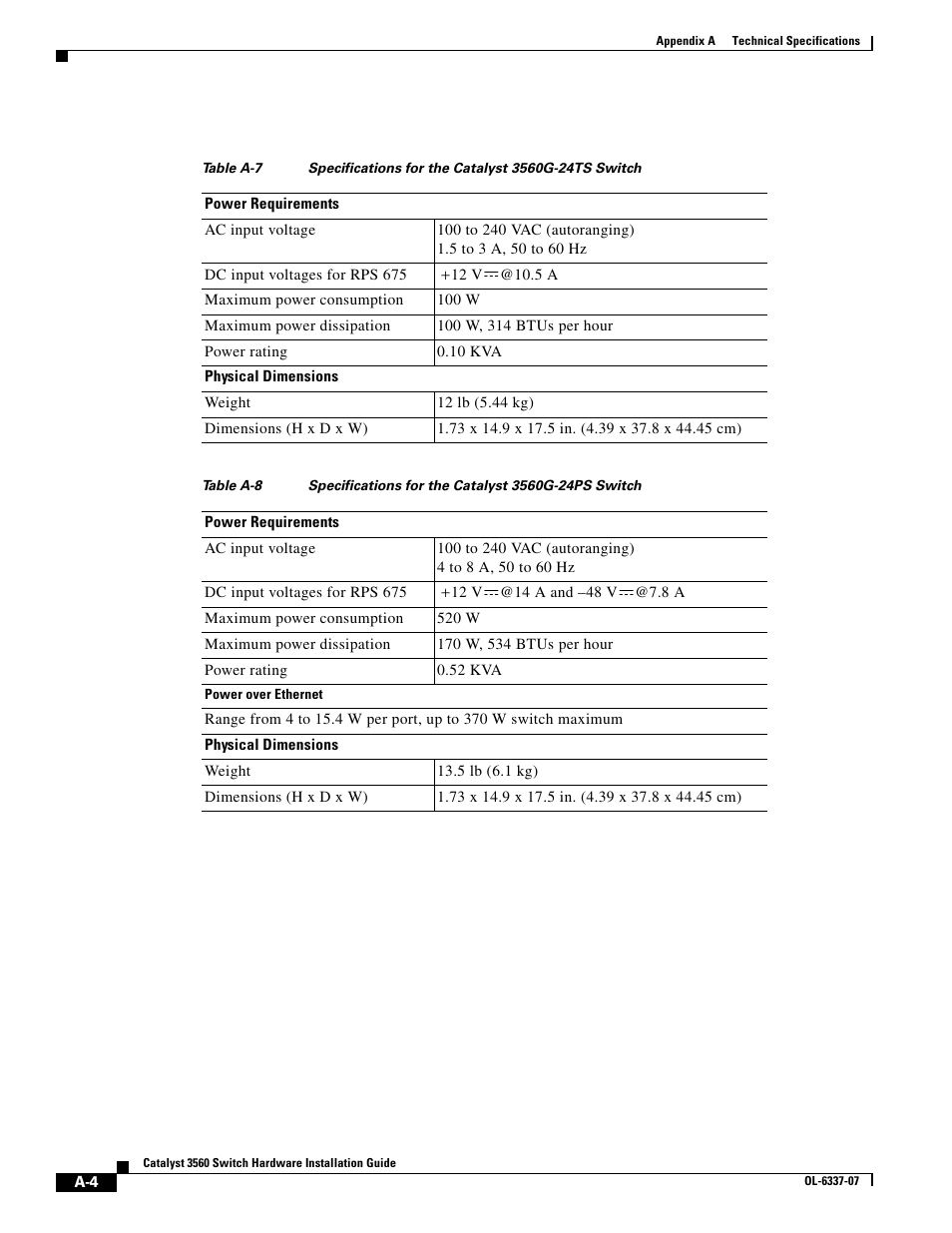 Specifications for the catalyst 3560g-24ts switch, Specifications for the catalyst 3560g-24ps switch | Cisco 3560 User Manual | Page 88 / 120
