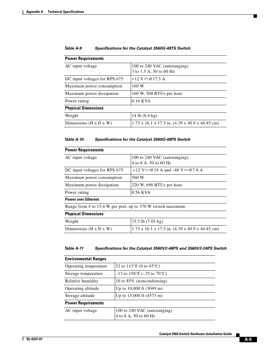 Specifications for the catalyst 3560g-48ts switch, Specifications for the catalyst 3560g-48ps switch | Cisco 3560 User Manual | Page 89 / 120