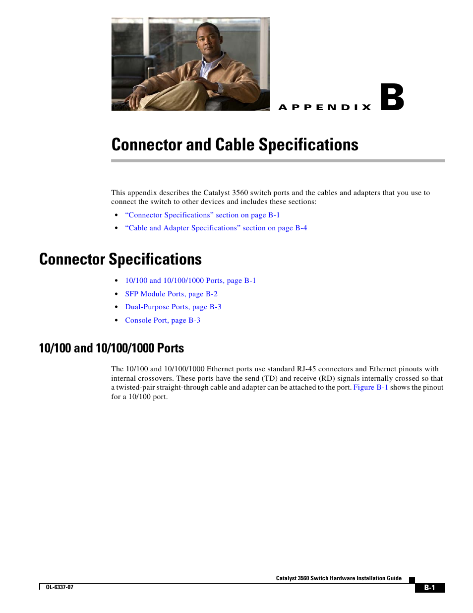 Connector and cable specifications, Connector specifications, 10/100 and 10/100/1000 ports | A p p e n d i x, Connector and cable, Appendix b, “connector and cable, Specifications, Appendix b, “connector, And cable specifications | Cisco 3560 User Manual | Page 93 / 120