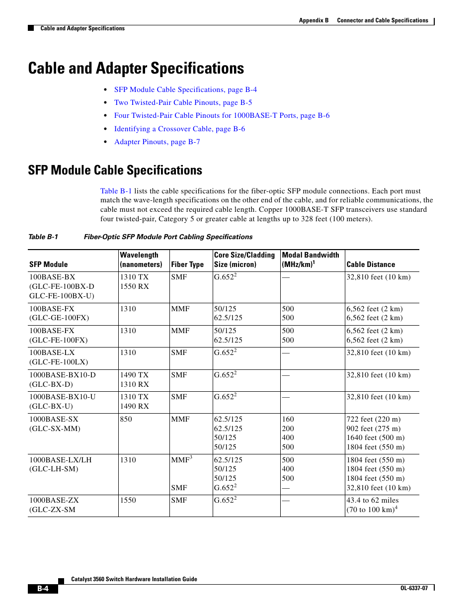 Cable and adapter specifications, Sfp module cable specifications, Table b-1 on | Cisco 3560 User Manual | Page 96 / 120