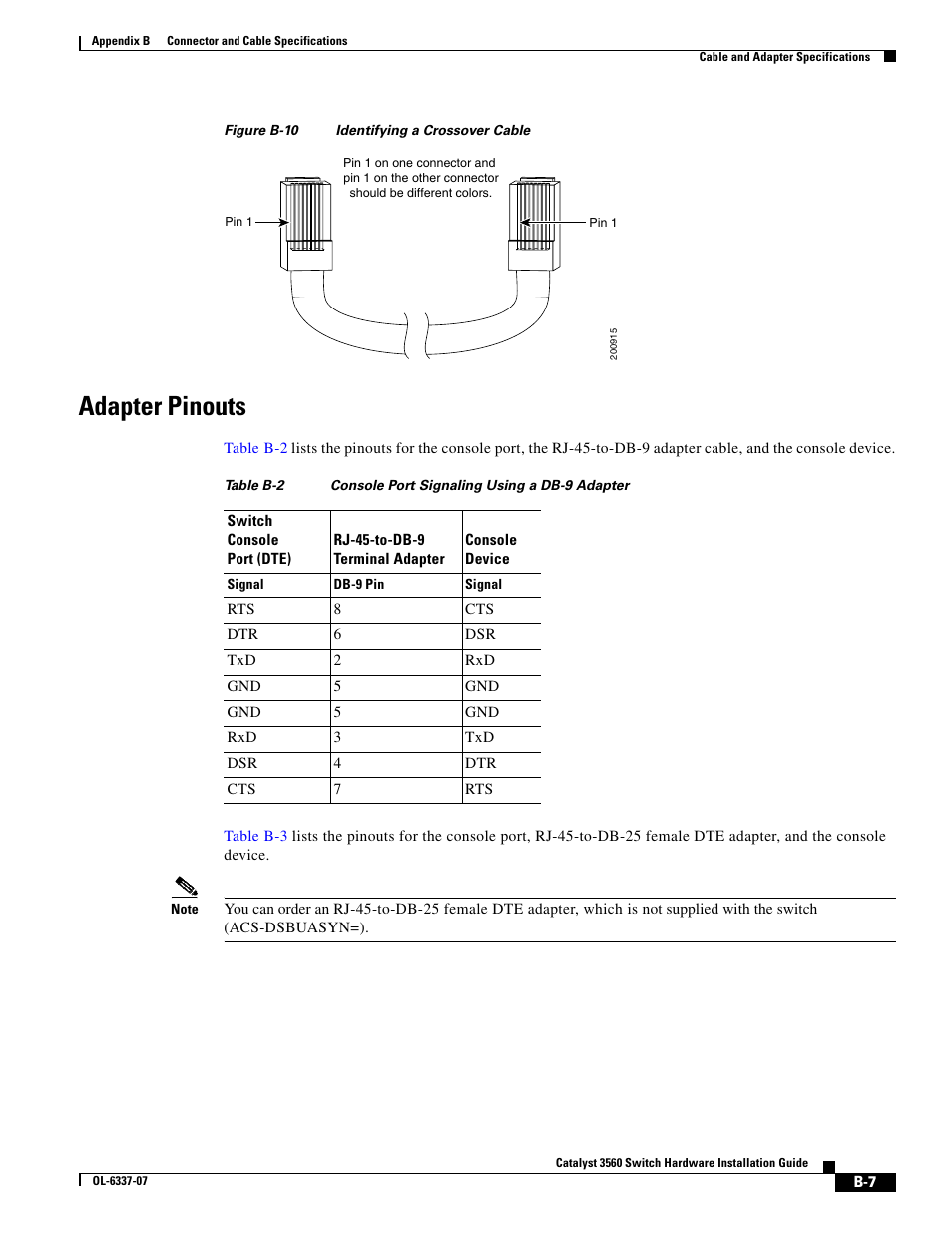 Adapter pinouts, Table b-2, Figure b-10 | Cisco 3560 User Manual | Page 99 / 120