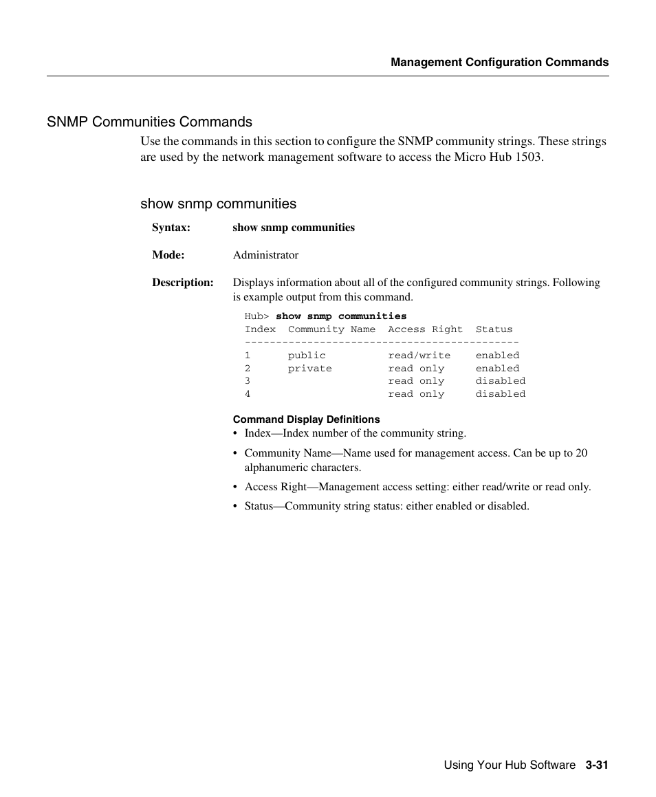 Snmp communities commands, Show snmp communities | Cisco 1503 User Manual | Page 31 / 48