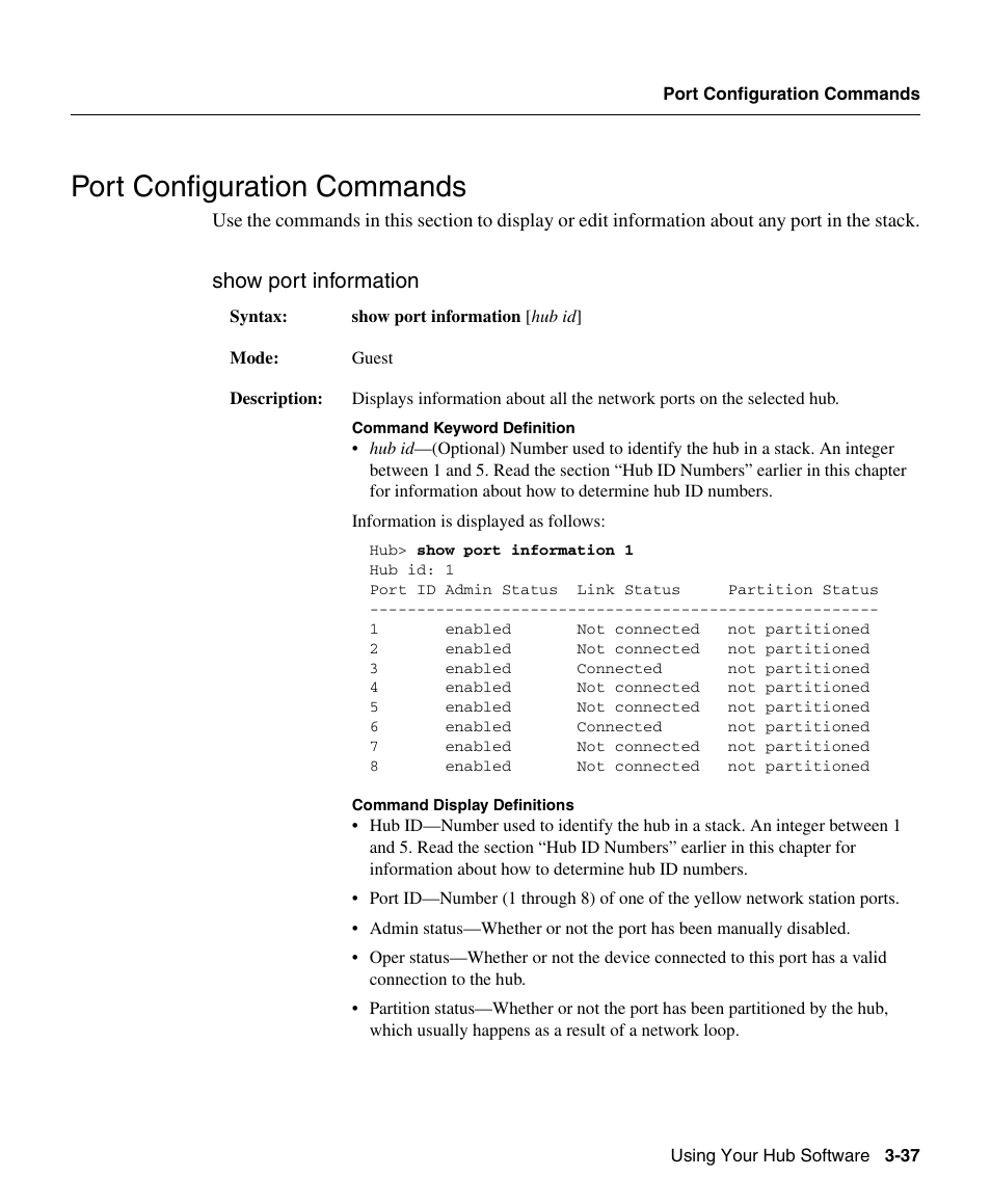Port configuration commands, Show port information | Cisco 1503 User Manual | Page 37 / 48