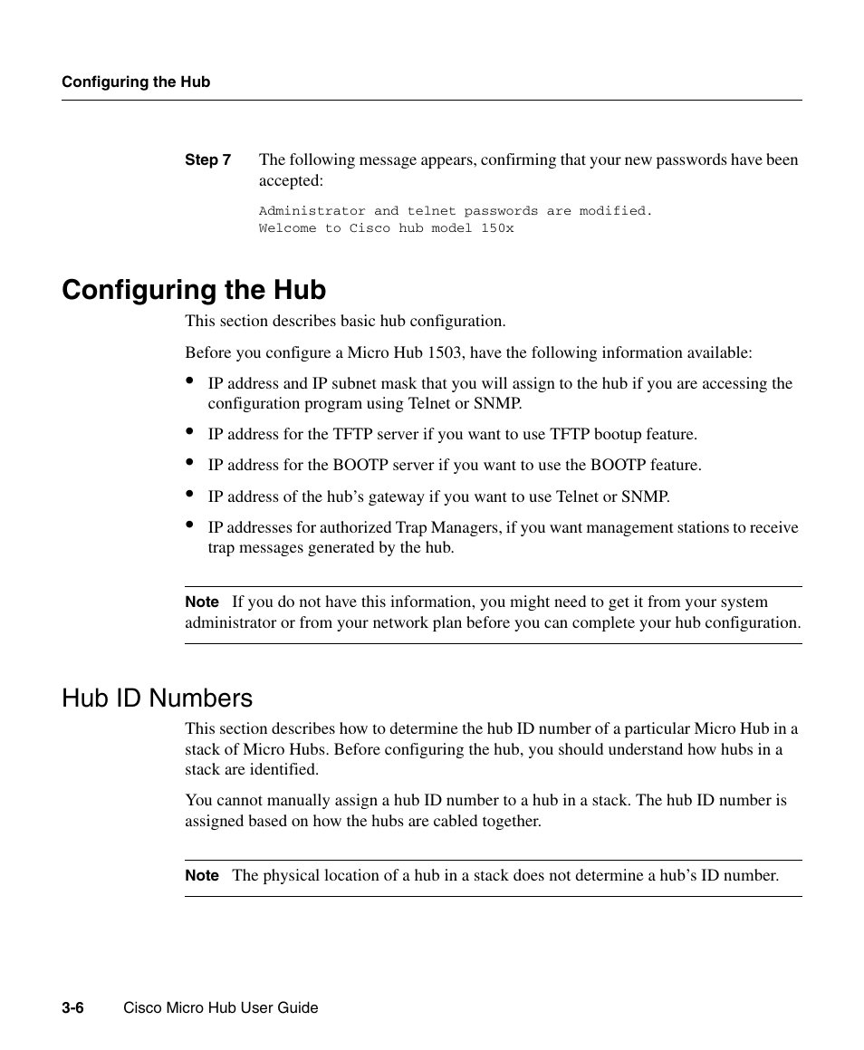 Configuring the hub, Hub id numbers | Cisco 1503 User Manual | Page 6 / 48