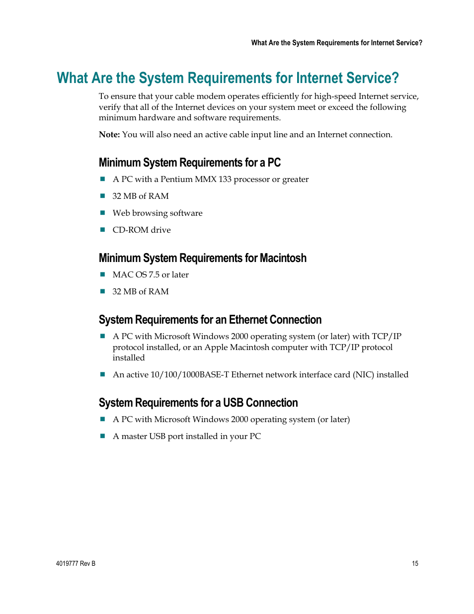 Minimum system requirements for a pc, Minimum system requirements for macintosh, System requirements for an ethernet connection | System requirements for a usb connection | Cisco DPQ3212 User Manual | Page 15 / 40