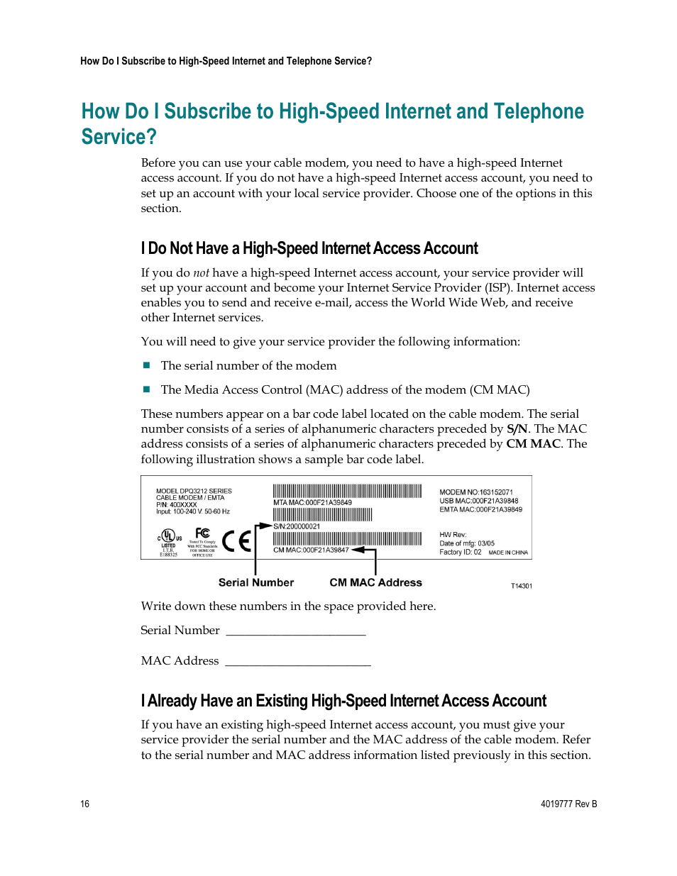 I do not have a high-speed internet access account | Cisco DPQ3212 User Manual | Page 16 / 40