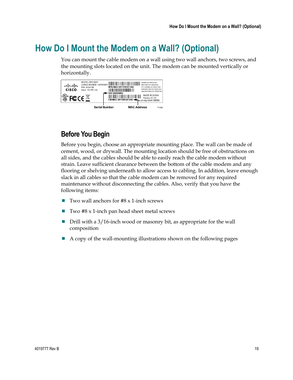 How do i mount the modem on a wall? (optional), Before you begin | Cisco DPQ3212 User Manual | Page 19 / 40