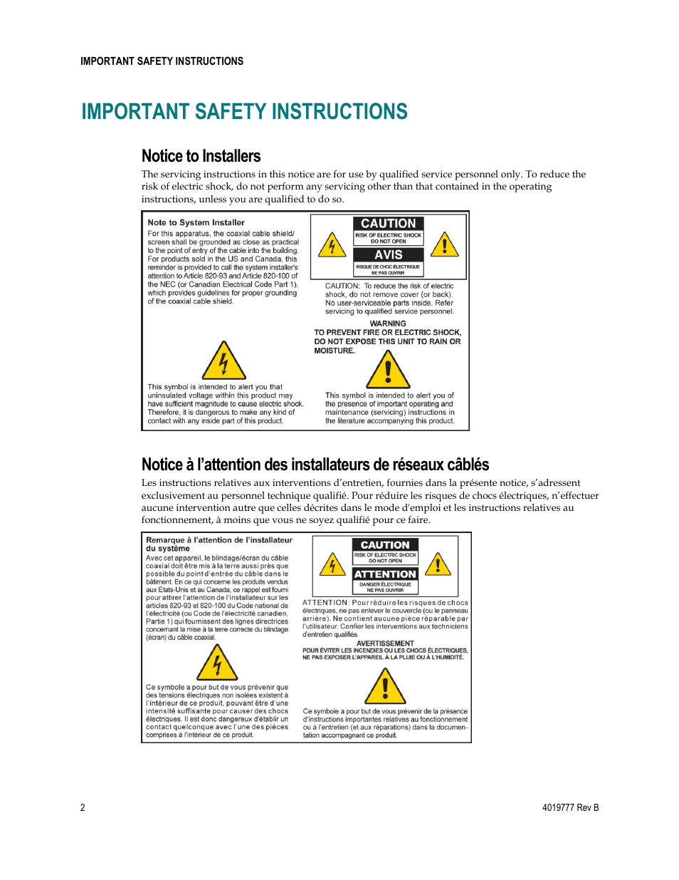 Important safety instructions, Notice to installers | Cisco DPQ3212 User Manual | Page 2 / 40