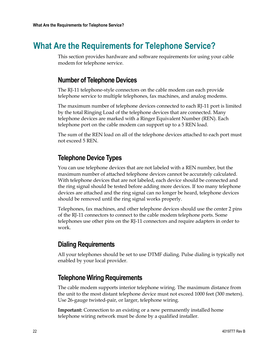 What are the requirements for telephone service, Number of telephone devices, Telephone device types | Dialing requirements, Telephone wiring requirements | Cisco DPQ3212 User Manual | Page 22 / 40
