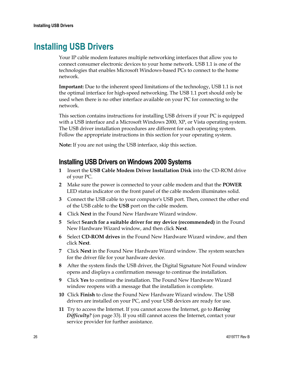 Installing usb drivers, Installing usb drivers on windows 2000 systems | Cisco DPQ3212 User Manual | Page 26 / 40