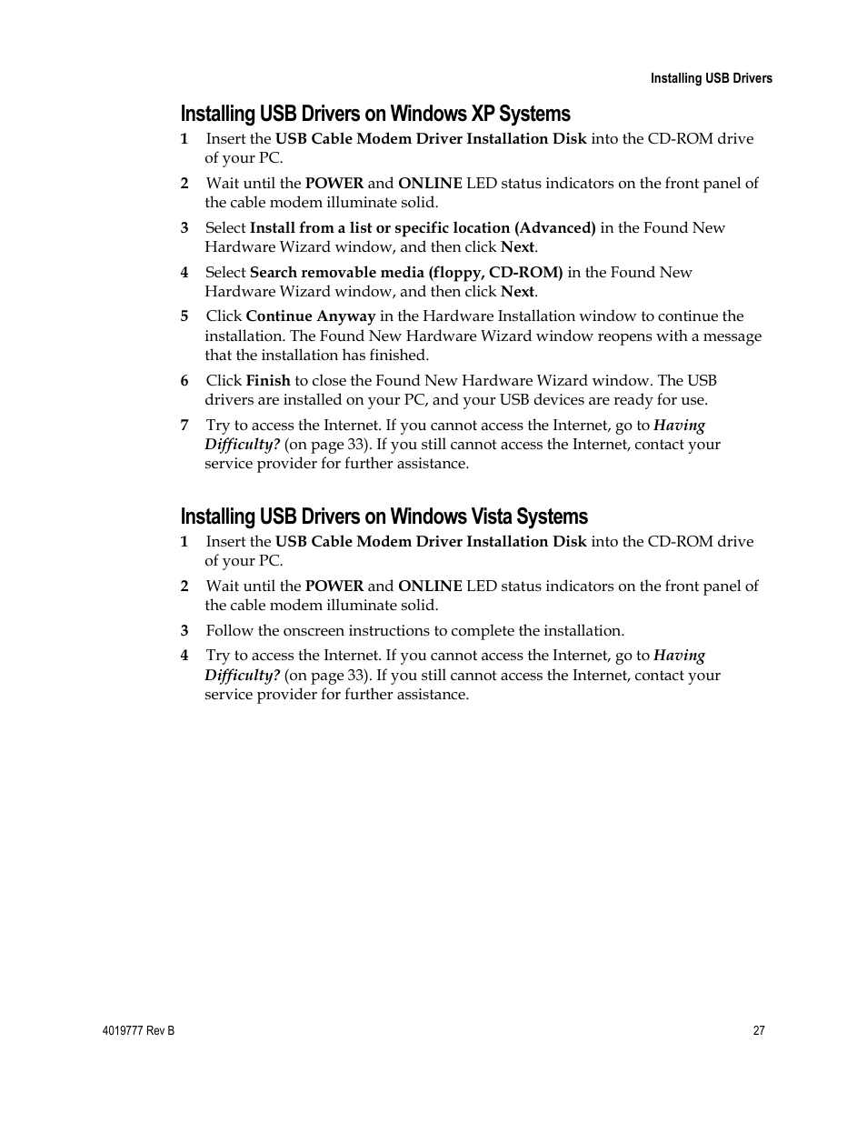Installing usb drivers on windows xp systems, Installing usb drivers on windows vista systems | Cisco DPQ3212 User Manual | Page 27 / 40