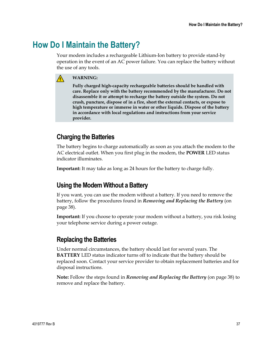 How do i maintain the battery, Charging the batteries, Using the modem without a battery | Replacing the batteries | Cisco DPQ3212 User Manual | Page 37 / 40