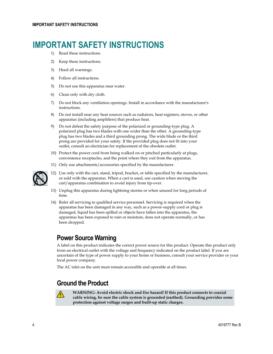 Important safety instructions, Power source warning, Ground the product | Cisco DPQ3212 User Manual | Page 4 / 40