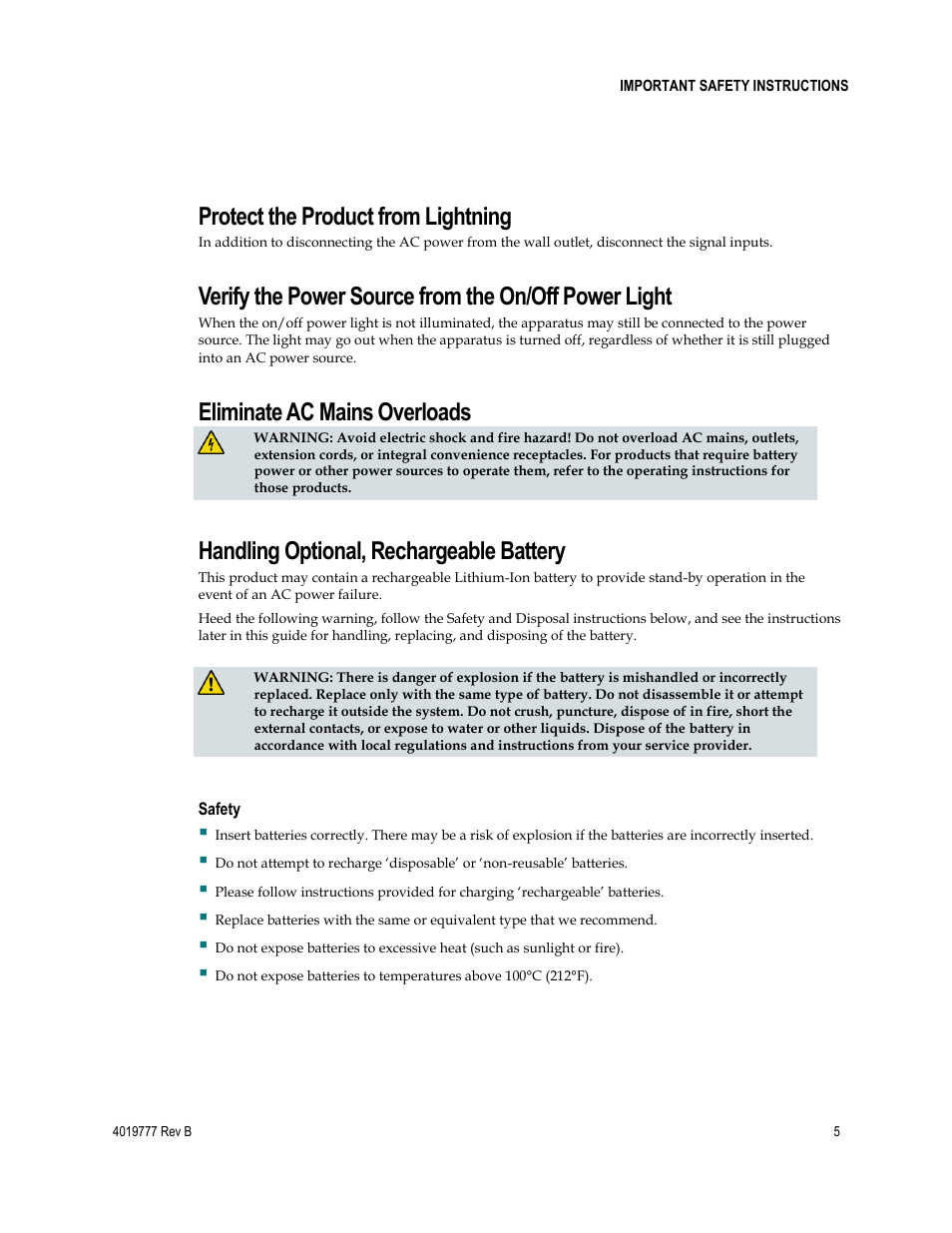 Protect the product from lightning, Eliminate ac mains overloads, Handling optional, rechargeable battery | Cisco DPQ3212 User Manual | Page 5 / 40